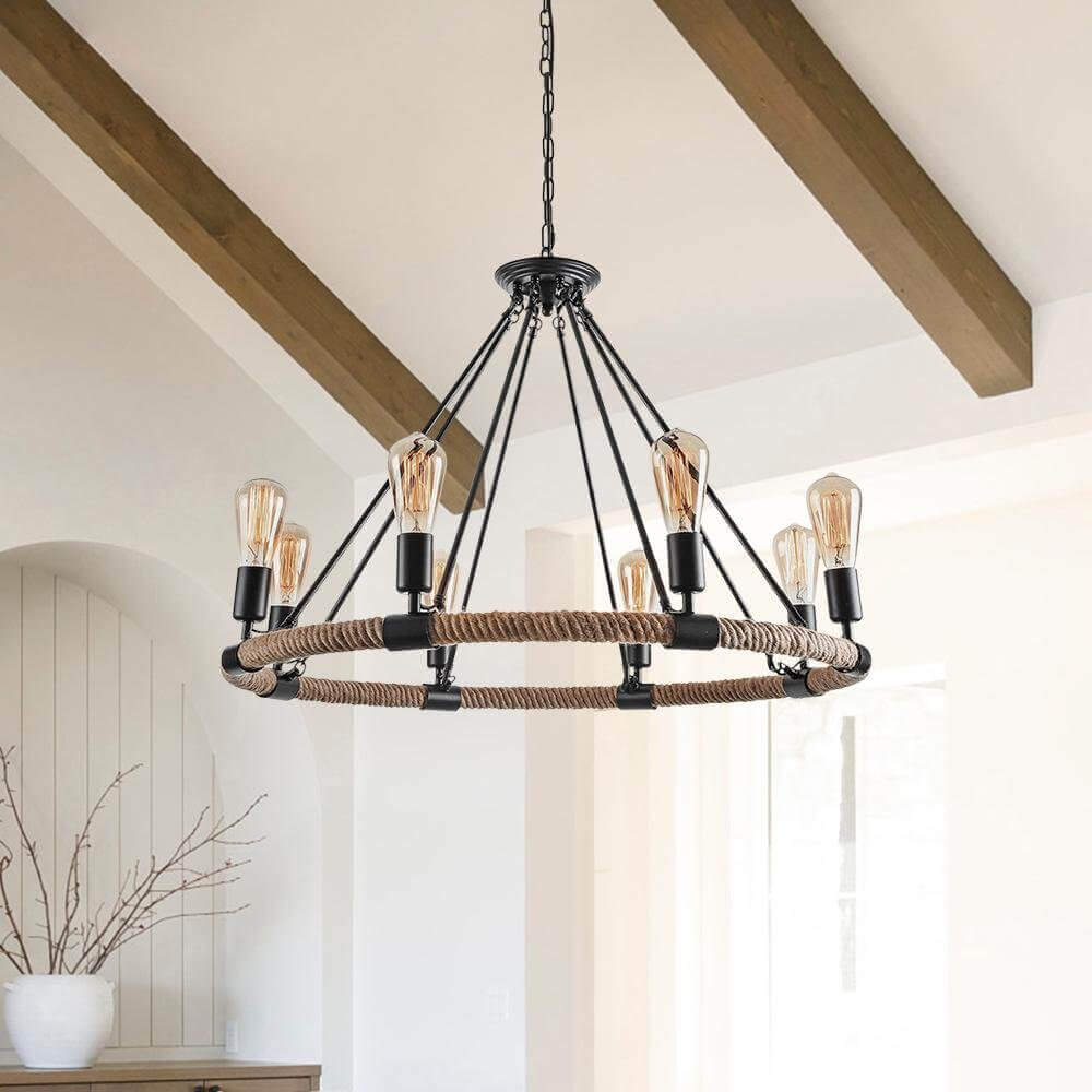 Vintageinspirerad svart taklampa med dubbla repklädda ringar och kedjeupphängning