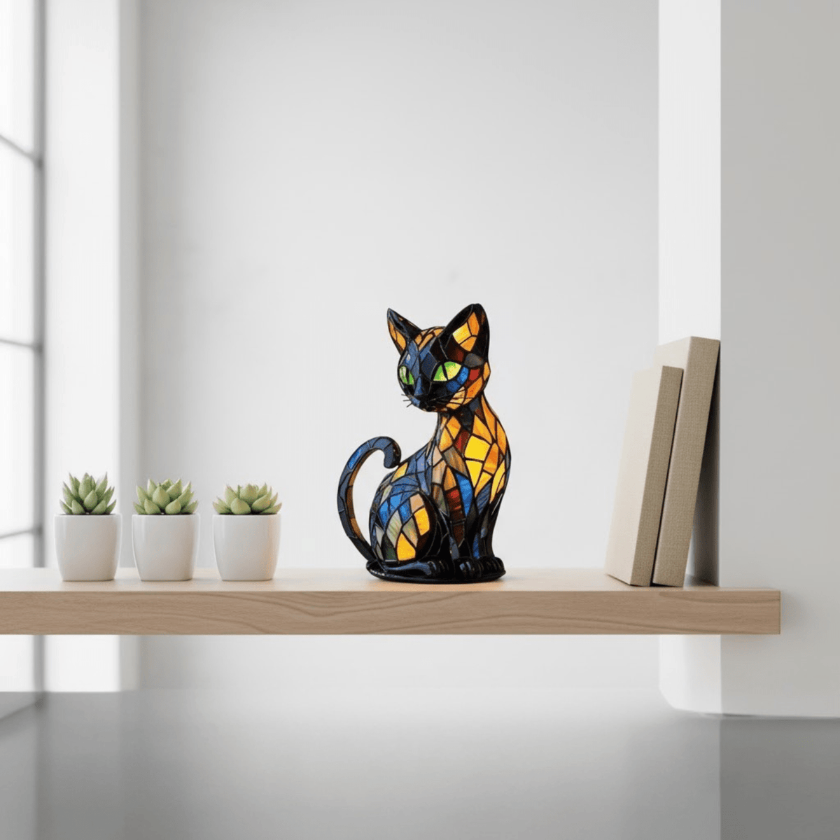 Dekorativ svart LED-bordslampa formad som en katt med färgat mosaikmönster
