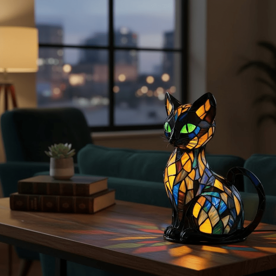 Dekorativ svart LED-bordslampa formad som en katt med färgat mosaikmönster