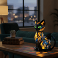 Dekorativ svart LED-bordslampa formad som en katt med färgat mosaikmönster