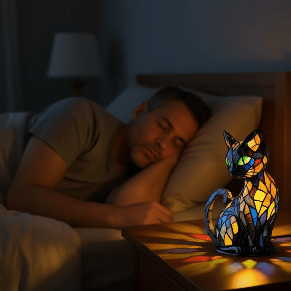 Dekorativ svart LED-bordslampa formad som en katt med färgat mosaikmönster