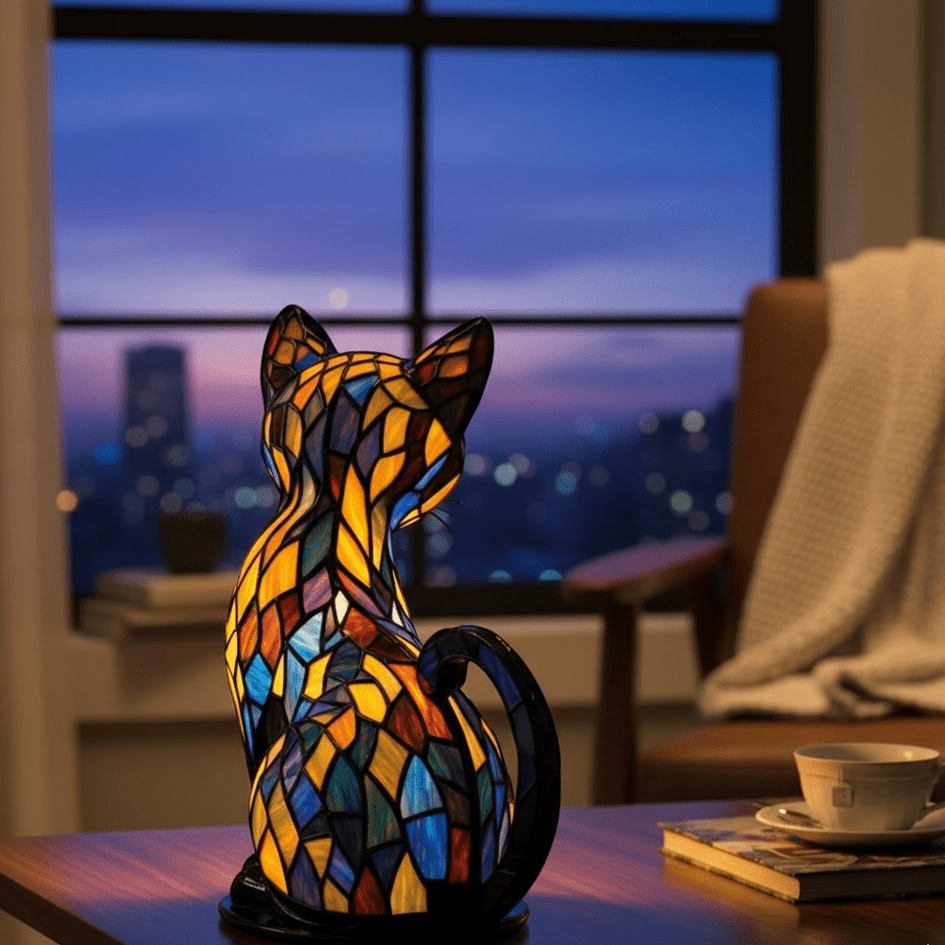 Dekorativ svart LED-bordslampa formad som en katt med färgat mosaikmönster