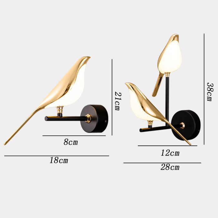 Guldfärgad vägglampa med fågeldesign och svart runt väggfäste