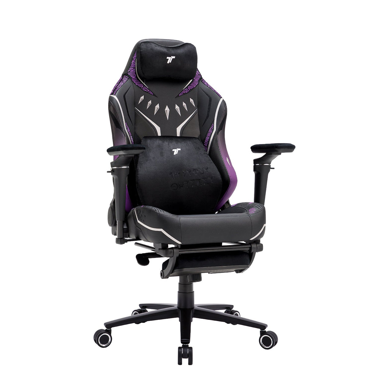Svart gamingstol med lila detaljer, nackkudde, 5D-armstöd och fotstöd
