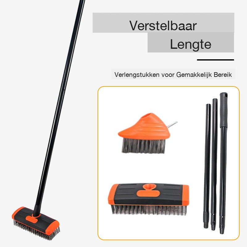 Orange fogborste med långt skaft och svarta borst för uteplatser