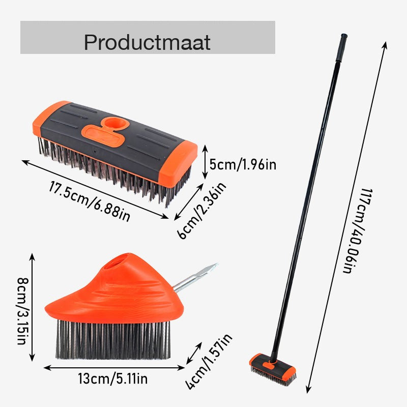 Orange fogborste med långt skaft och svarta borst för uteplatser