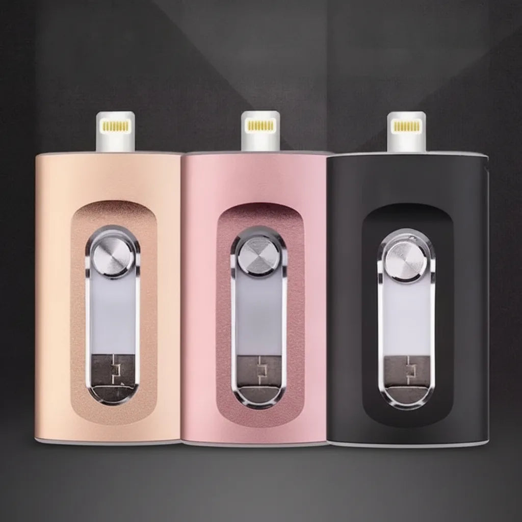 3-i-1 USB-minne anslutet till en iPhone med vridbar konstruktion