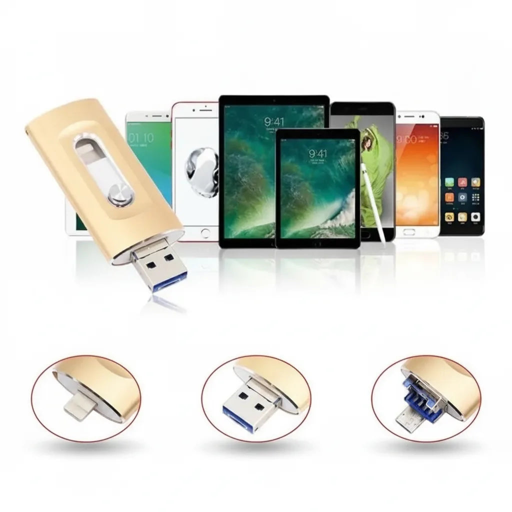 3-i-1 USB-minne anslutet till en iPhone med vridbar konstruktion