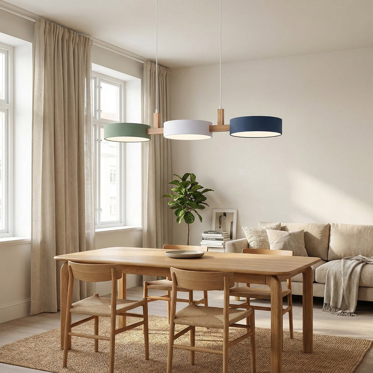 Pendellampa med tre cylindriska skärmar över ett matbord