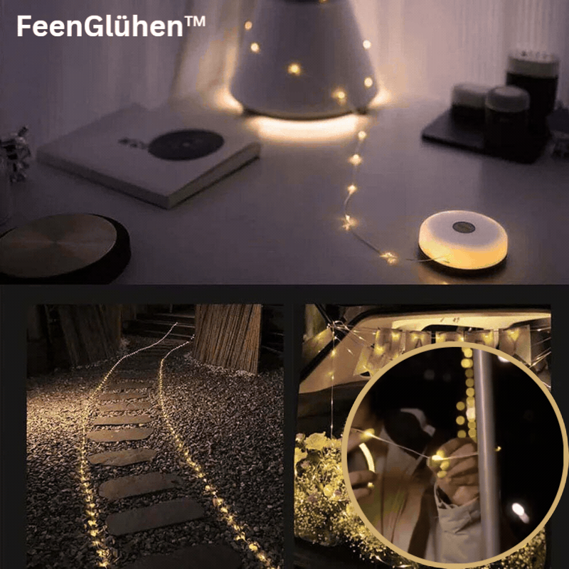 LED-ljusslinga med varmvit belysning längs en trädgårdsgång