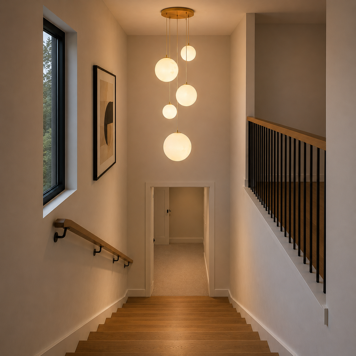 Takpendel med flera runda vita LED-ljusglobes och guldfärgat takfäste