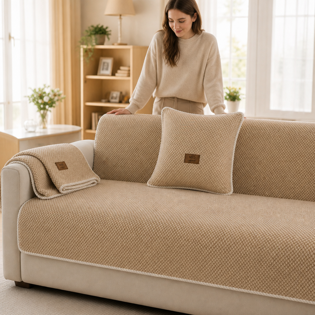 Texturerat sofföverdrag på en modulsoffa med ljus kantdetalj