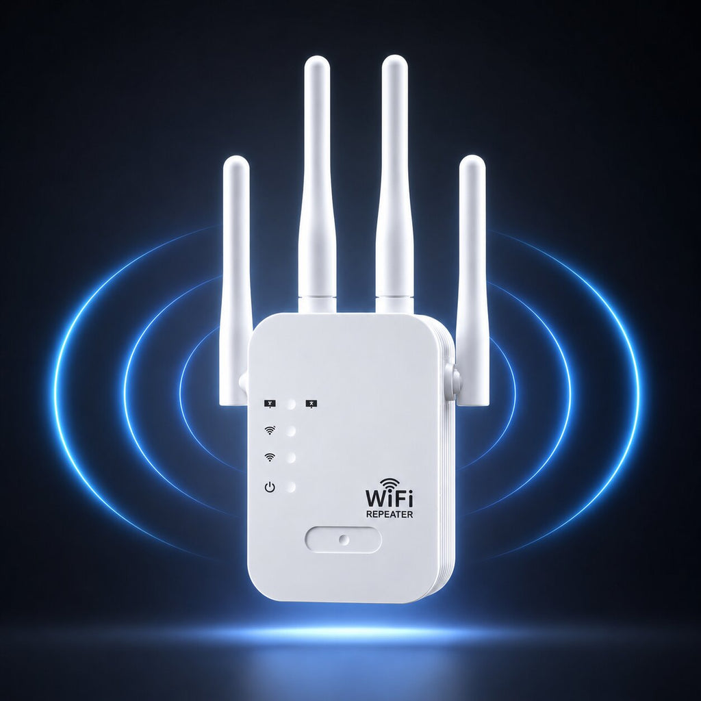 Vit wifi-förstärkare med fyra externa antenner och indikatorlampor
