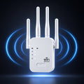 Vit wifi-förstärkare med fyra externa antenner och indikatorlampor