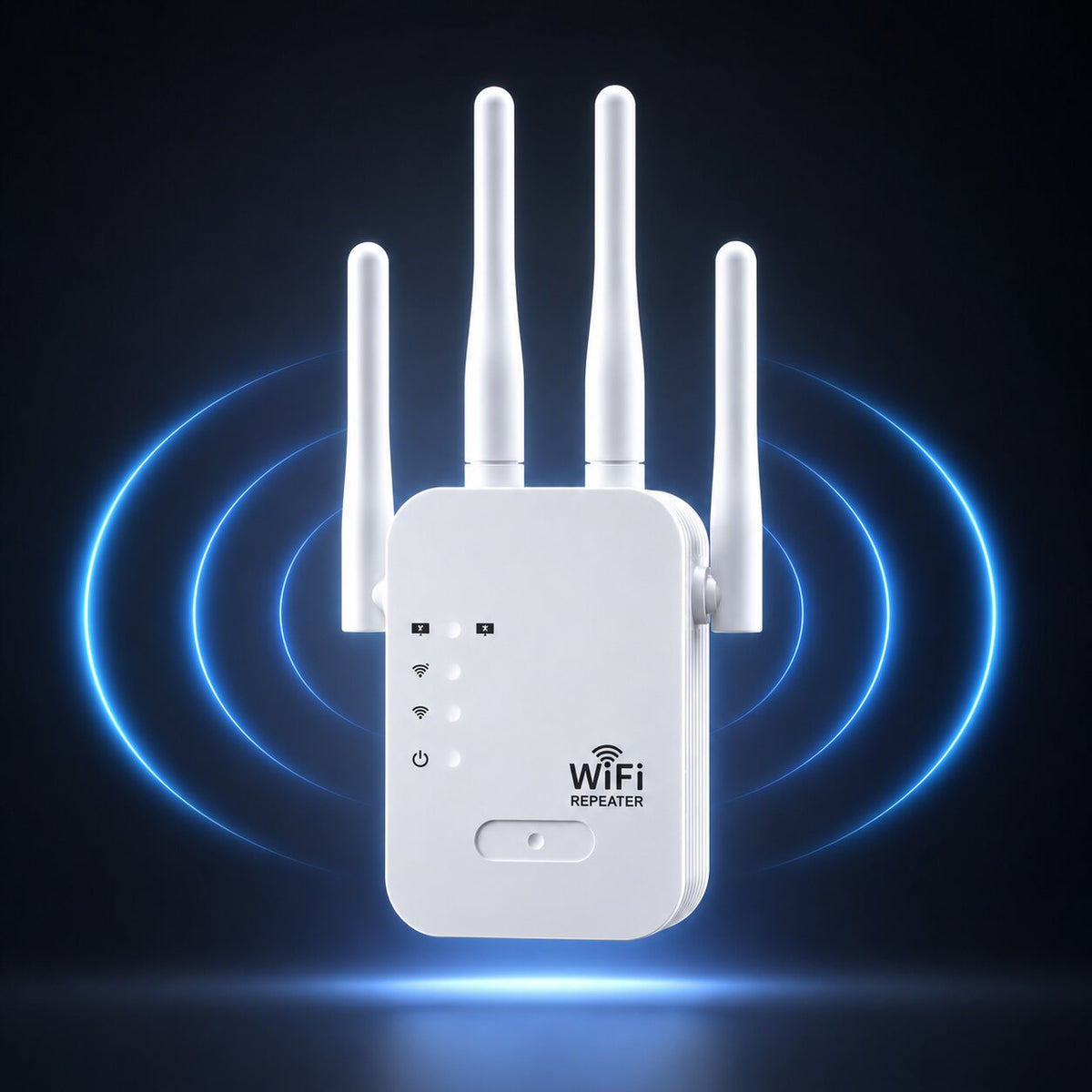 Vit wifi-förstärkare med fyra externa antenner och indikatorlampor
