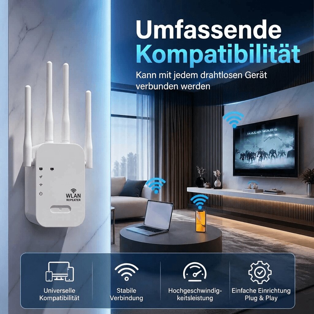 Vit wifi-förstärkare med fyra externa antenner och indikatorlampor