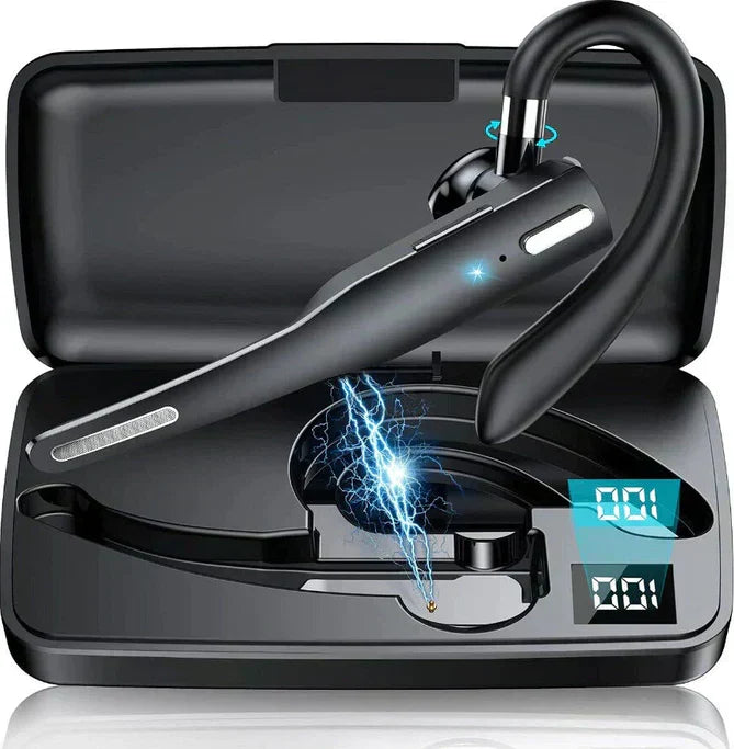 Svart trådlöst Bluetooth-headset med öronkrok och etui