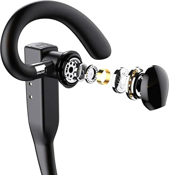 Svart trådlöst Bluetooth-headset med öronkrok och etui