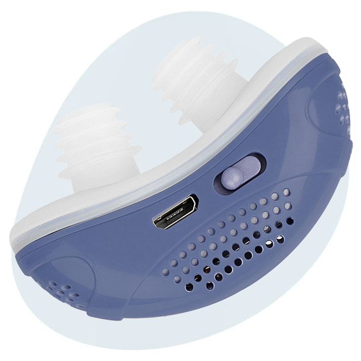 Kompakt CPAP-enhet med två vita näsdelar, ventilationsöppningar, strömbrytare och USB-port