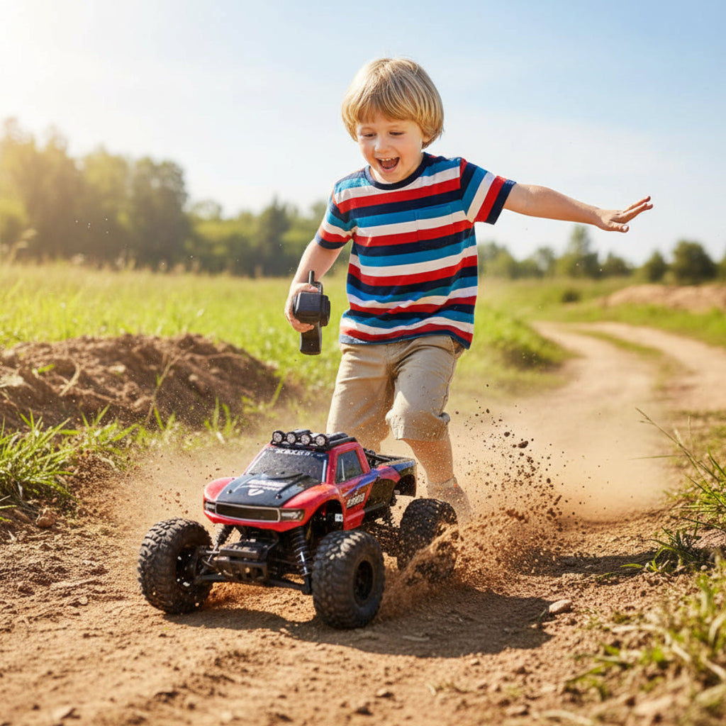 Fjärrstyrd monstertruck med stora terrängdäck i vatten