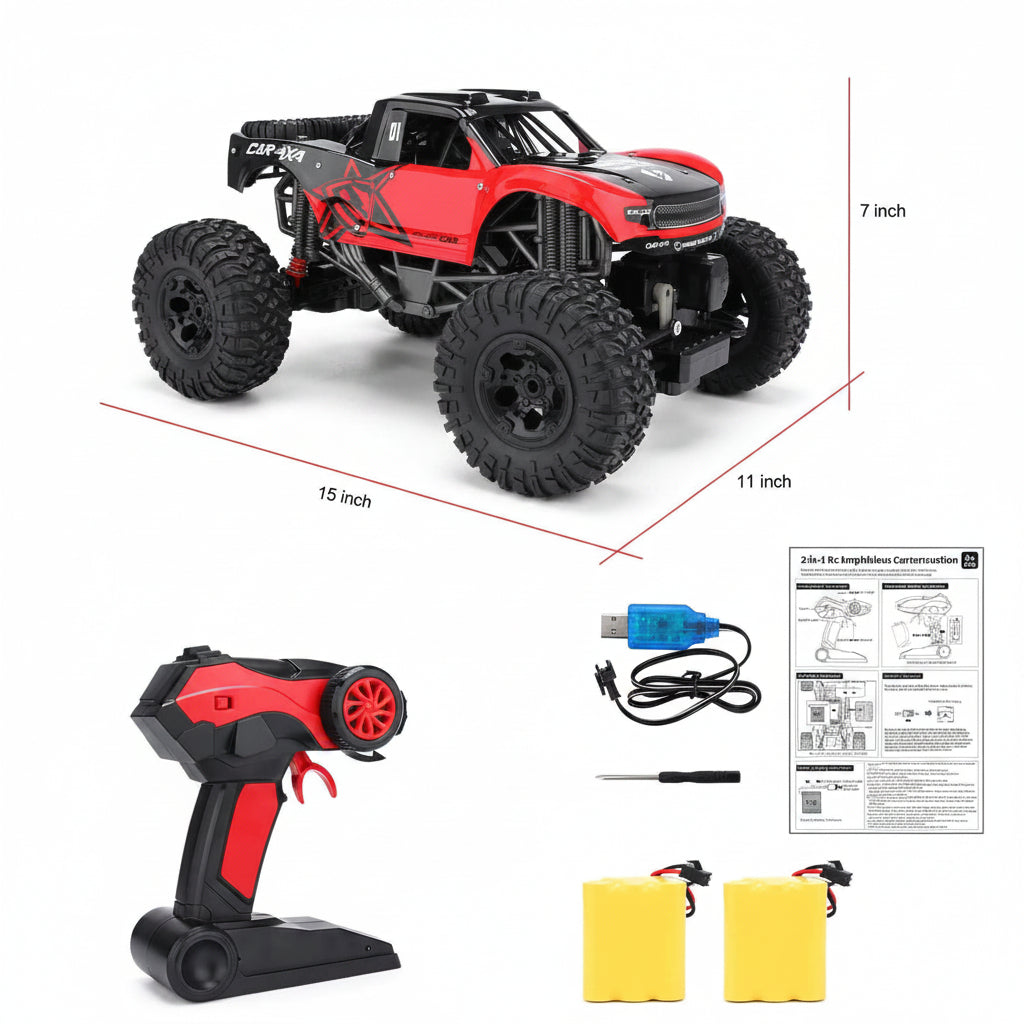 Fjärrstyrd monstertruck med stora terrängdäck i vatten