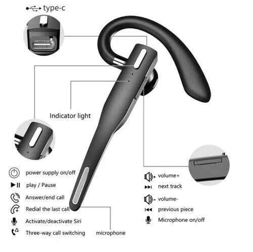 Svart trådlöst Bluetooth-headset med öronkrok och etui