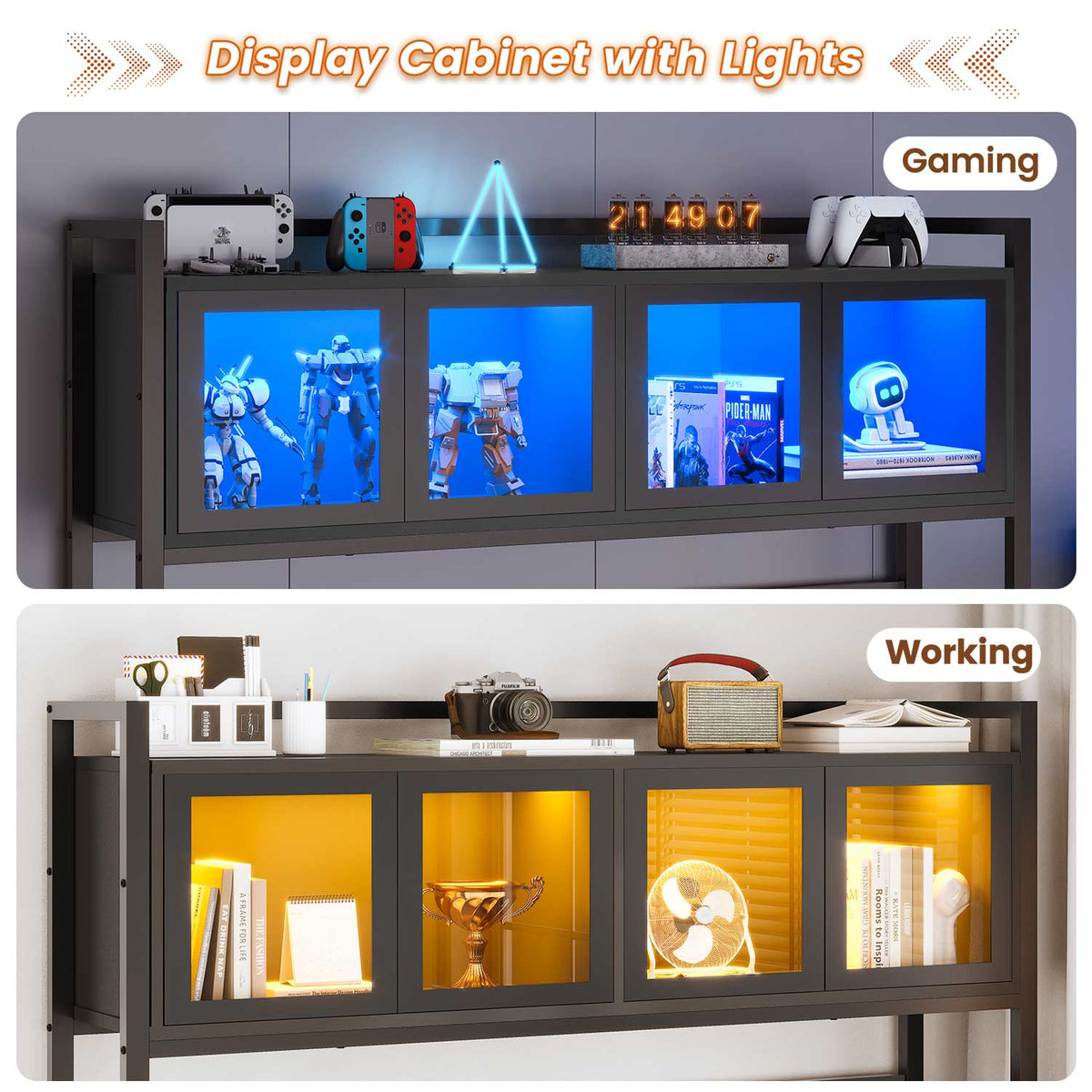 Svart L-format gaming-skrivbord med LED-fack, lådhurts och förvaringspanel