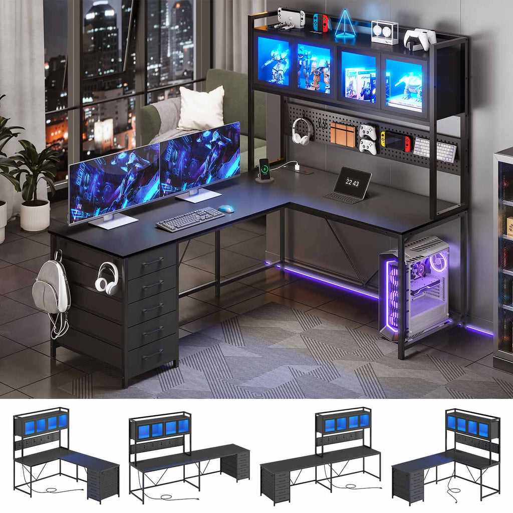 Svart L-format gaming-skrivbord med LED-fack, lådhurts och förvaringspanel