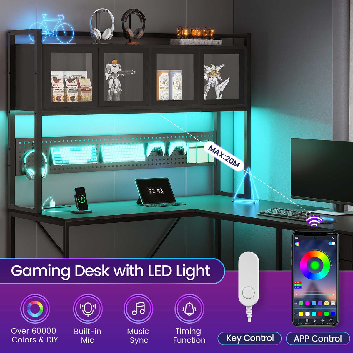 Svart L-format gaming-skrivbord med LED-fack, lådhurts och förvaringspanel