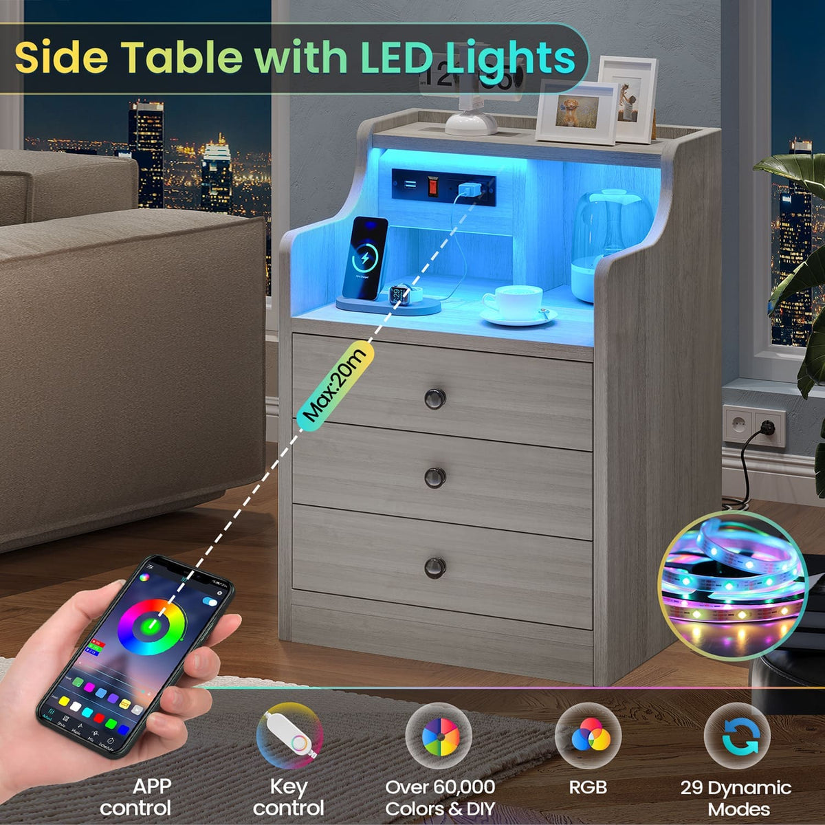Grått sängbord med LED-belysning, tre lådor och öppna hyllor