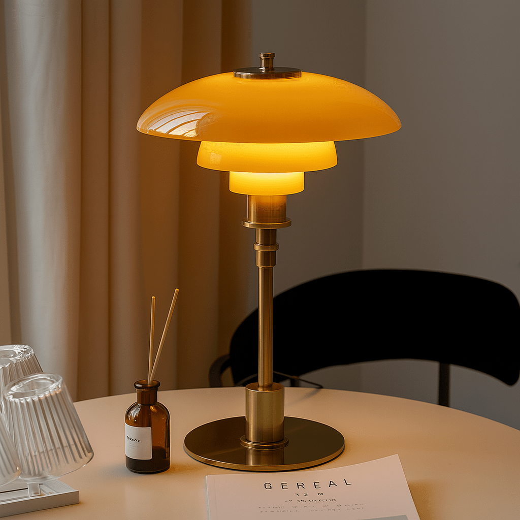 Bordslampa med kupolformad skärm, flerlagrad design och rund fot
