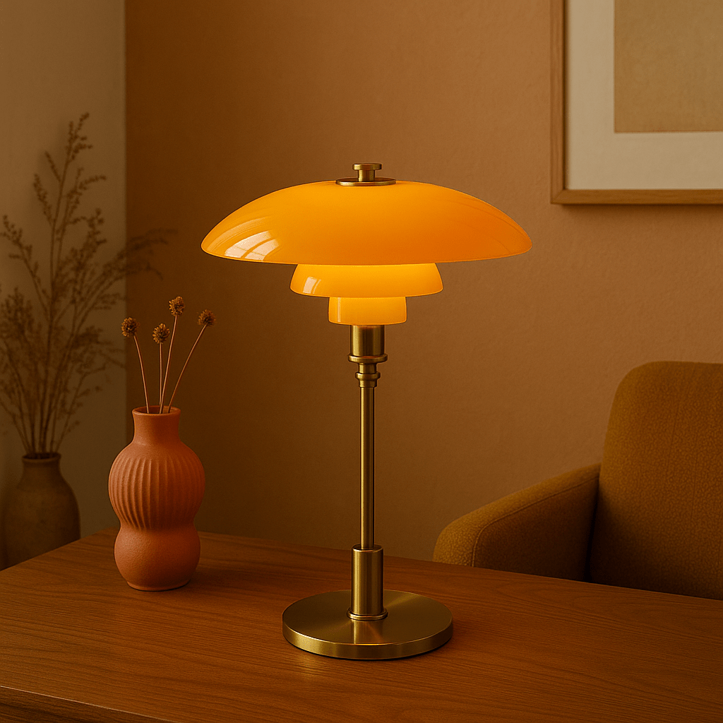 Bordslampa med kupolformad skärm, flerlagrad design och rund fot