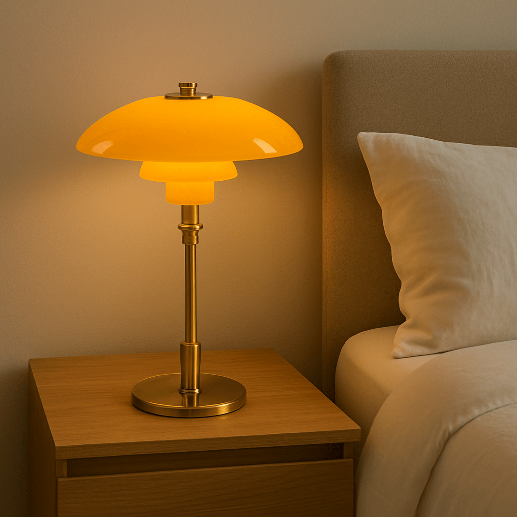 Bordslampa med kupolformad skärm, flerlagrad design och rund fot