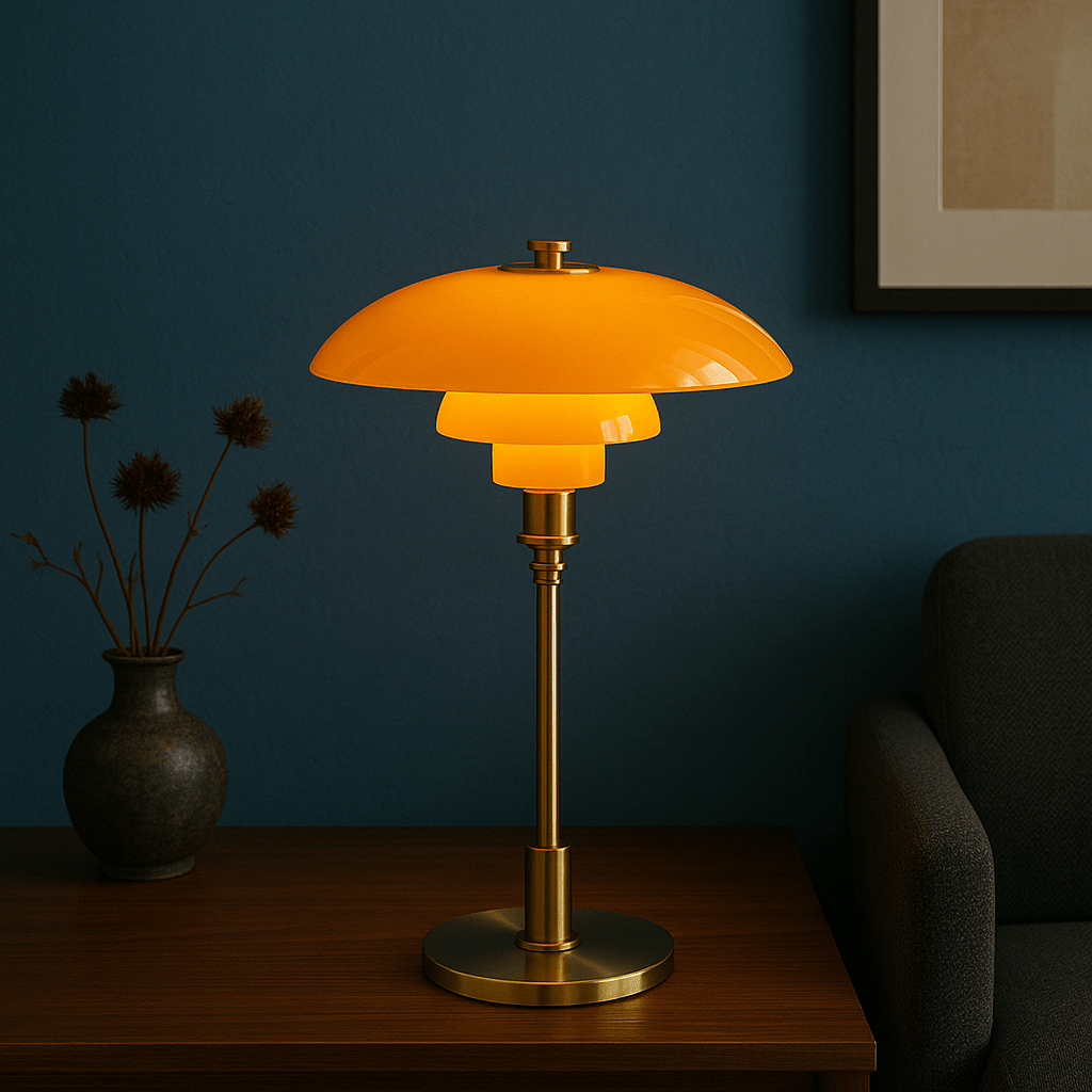 Bordslampa med kupolformad skärm, flerlagrad design och rund fot