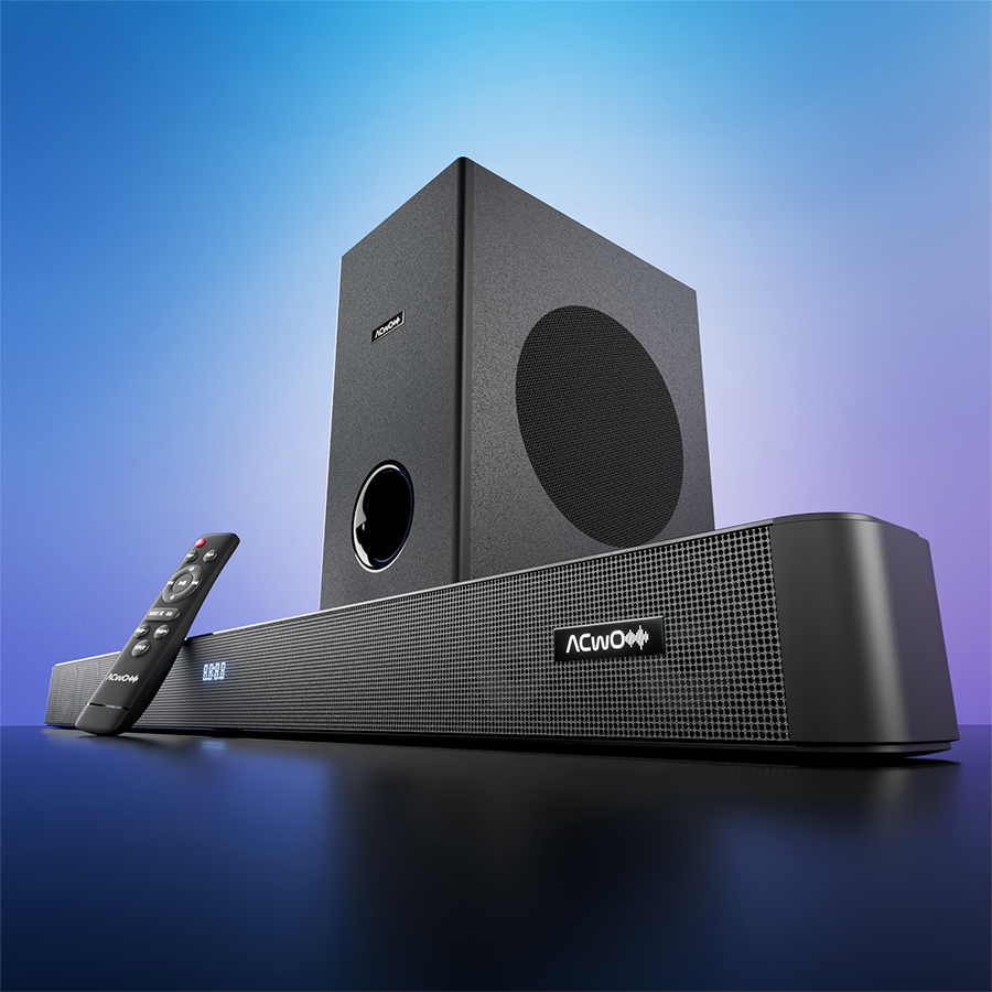 Svart ljudsystem med soundbar, subwoofer och fjärrkontroll