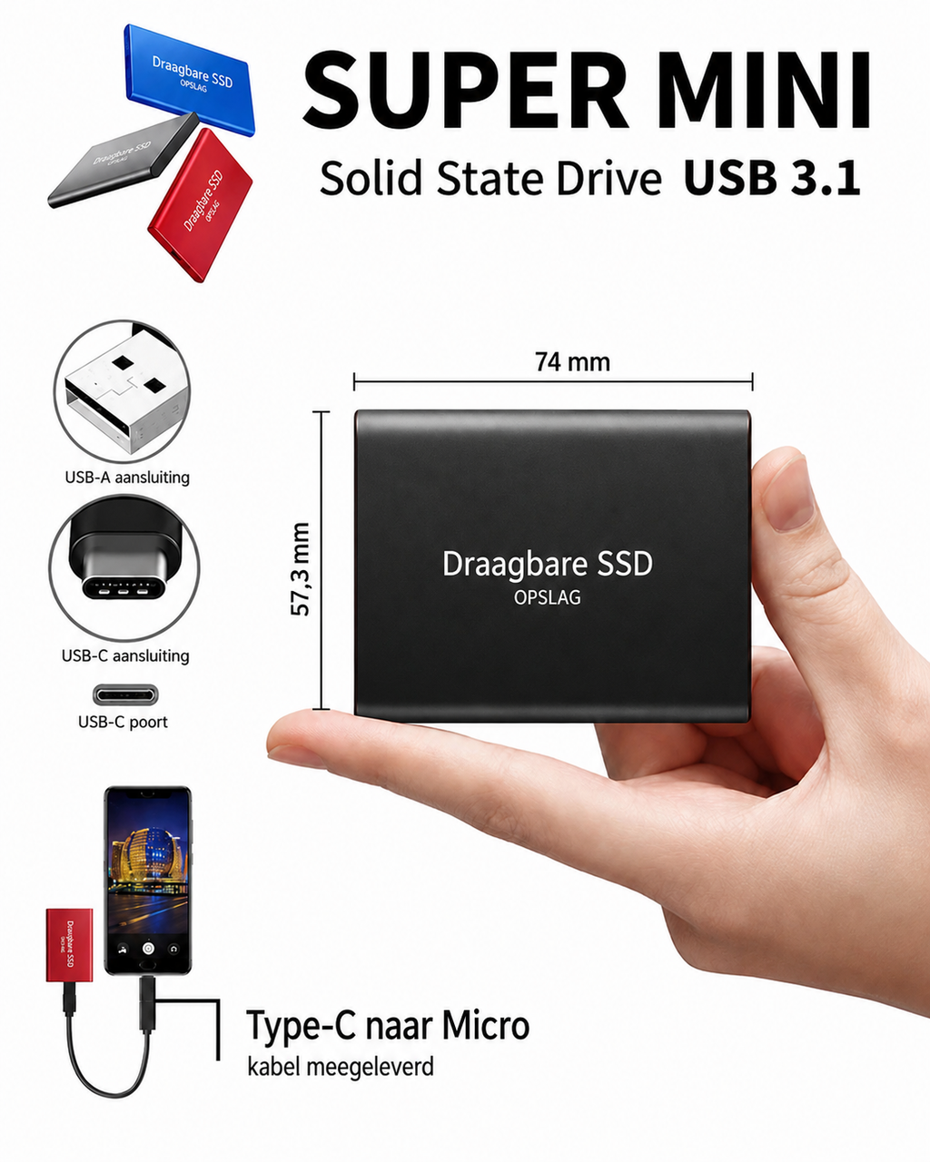Extern SSD med USB-kabel för portabel fillagring