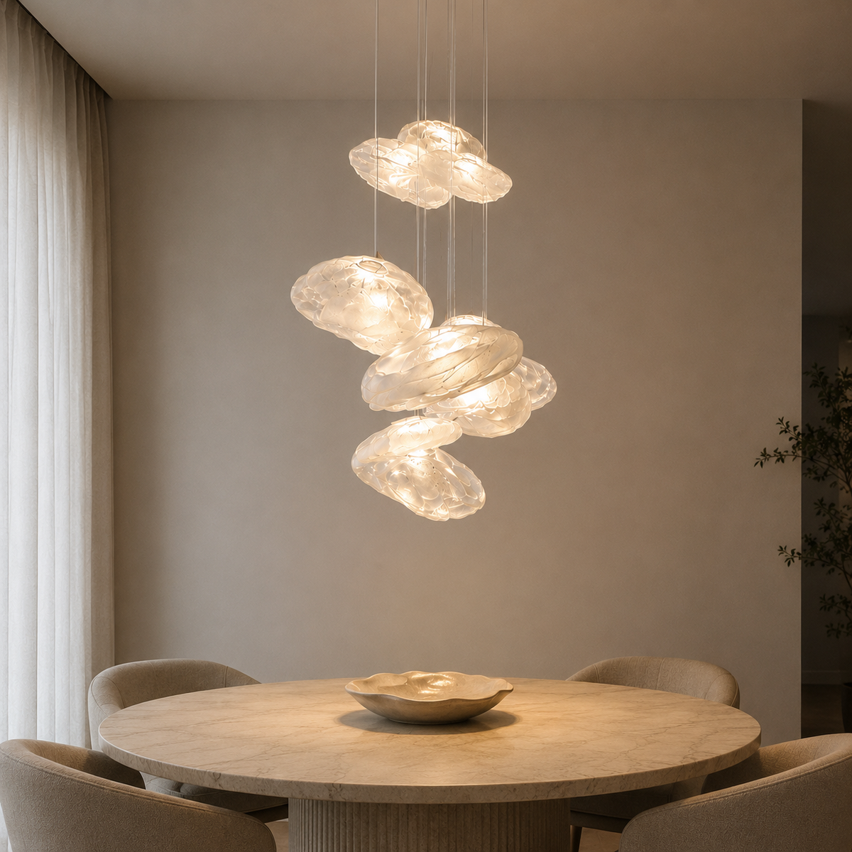 Takpendel med flera organiskt formade klarglasskärmar i klusterdesign