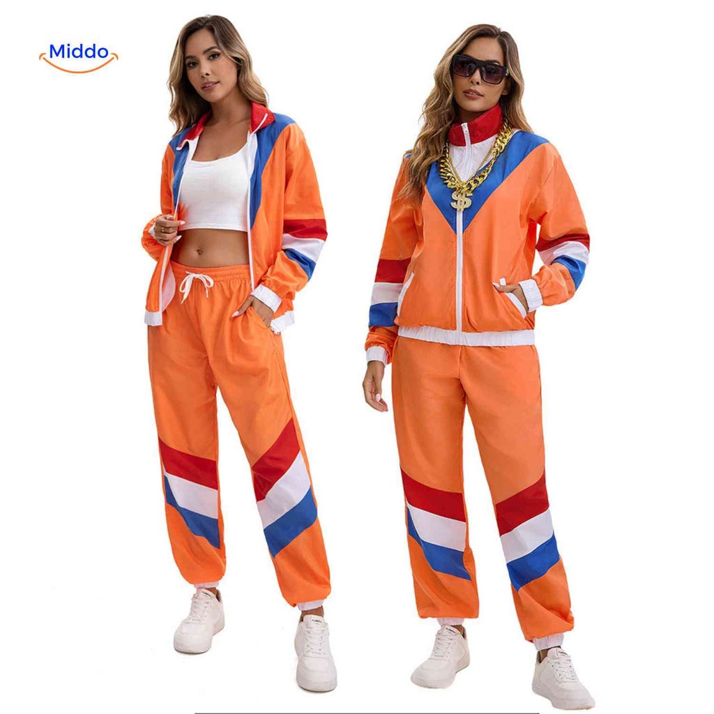 Orange unisex träningsset med jacka och byxor i färgblock