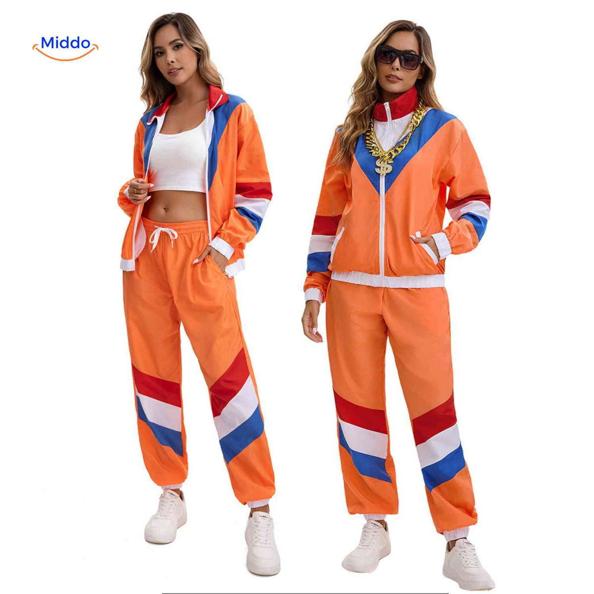Orange unisex träningsset med jacka och byxor i färgblock