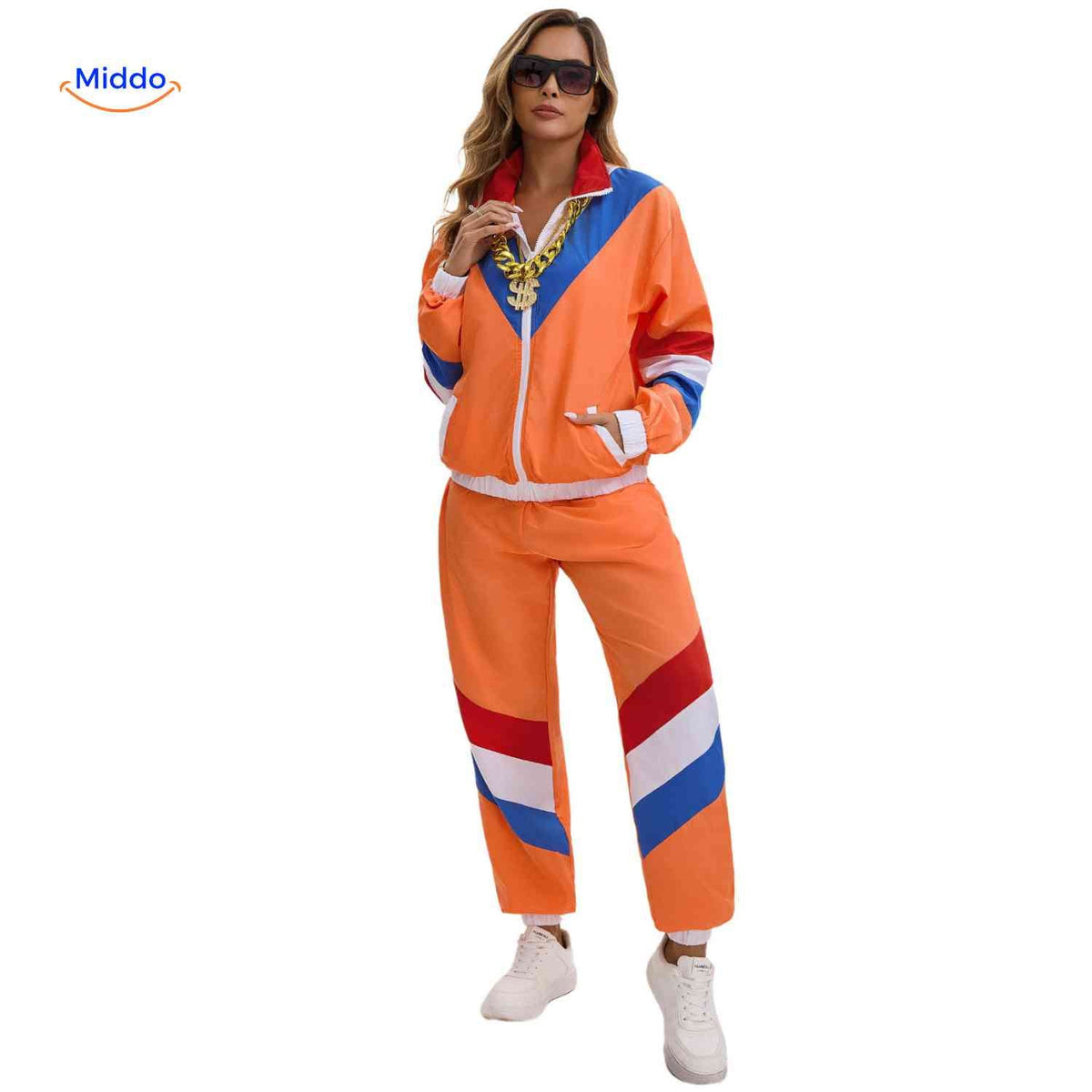 Orange unisex träningsset med jacka och byxor i färgblock
