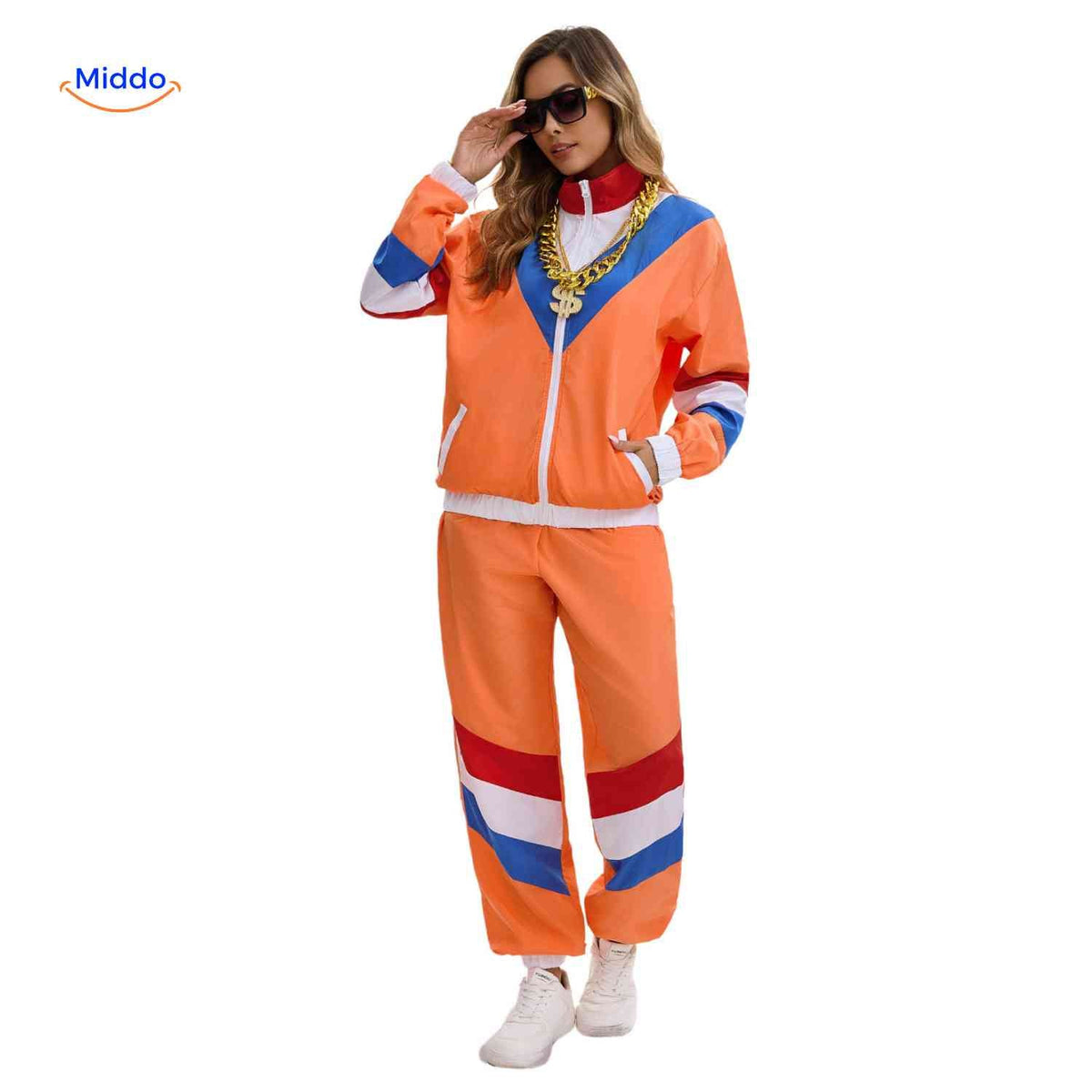 Orange unisex träningsset med jacka och byxor i färgblock