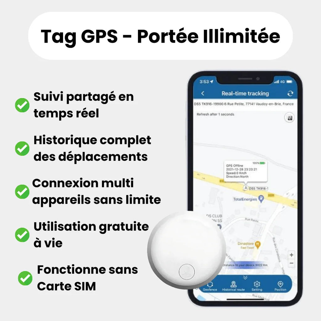 Rund GPS-spårare för katt med slät kapsling och knapp på framsidan