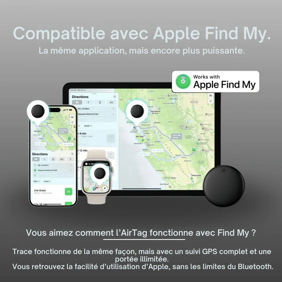 Rund GPS-spårare med slät yta och symbol på framsidan