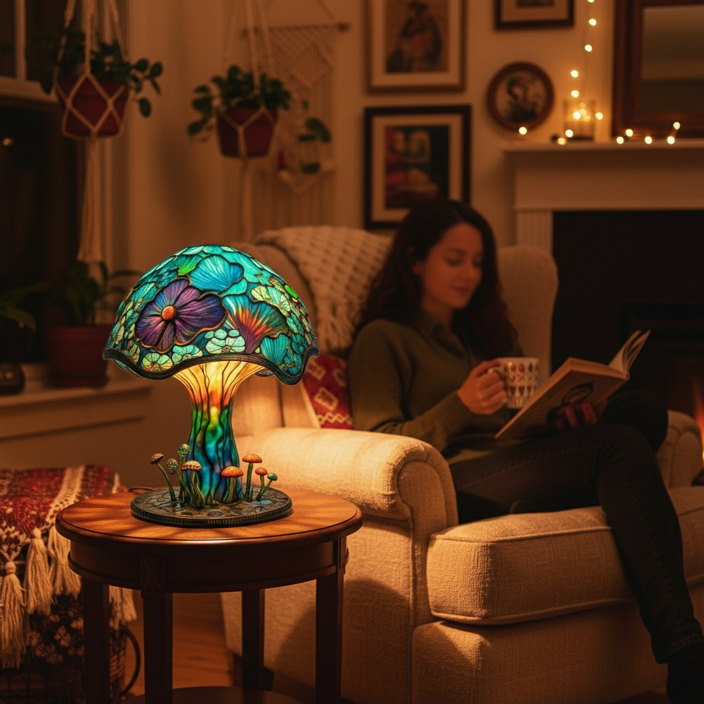 Färgrik bordslampa i glas med blommor och svampmotiv