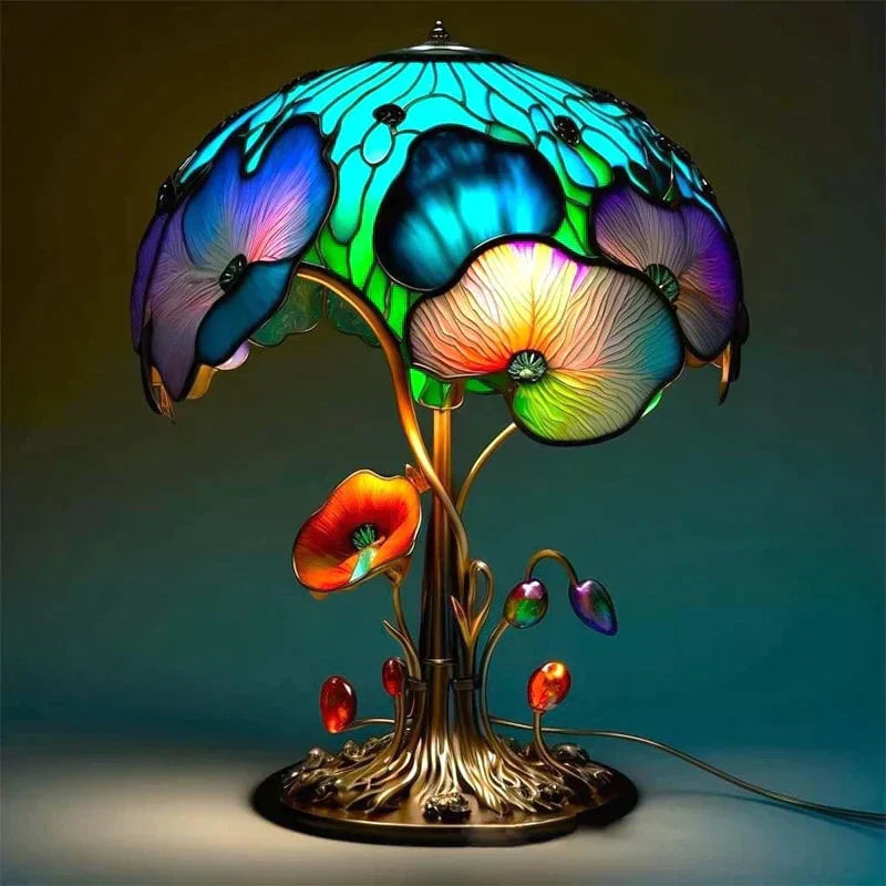 Färgrik bordslampa i glas med blommor och svampmotiv