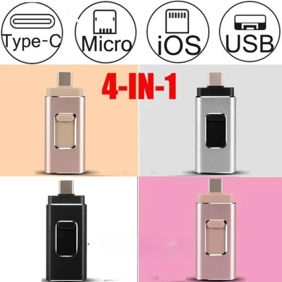 USB-minne med fyra kontakter för Type-C, mikro-USB, iOS och USB