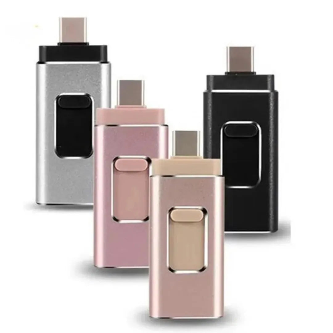 USB-minne med fyra kontakter för Type-C, mikro-USB, iOS och USB