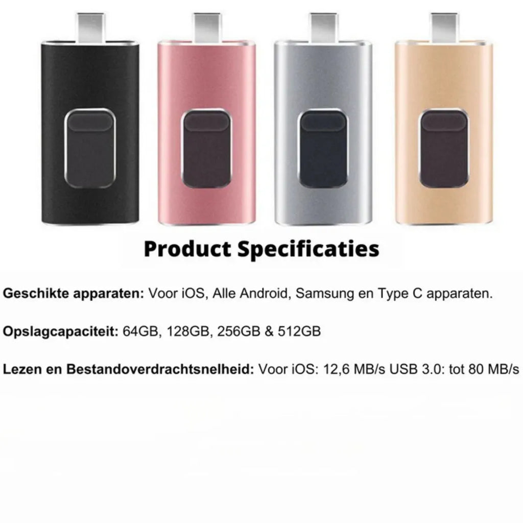 USB-minne med fyra kontakter för Type-C, mikro-USB, iOS och USB