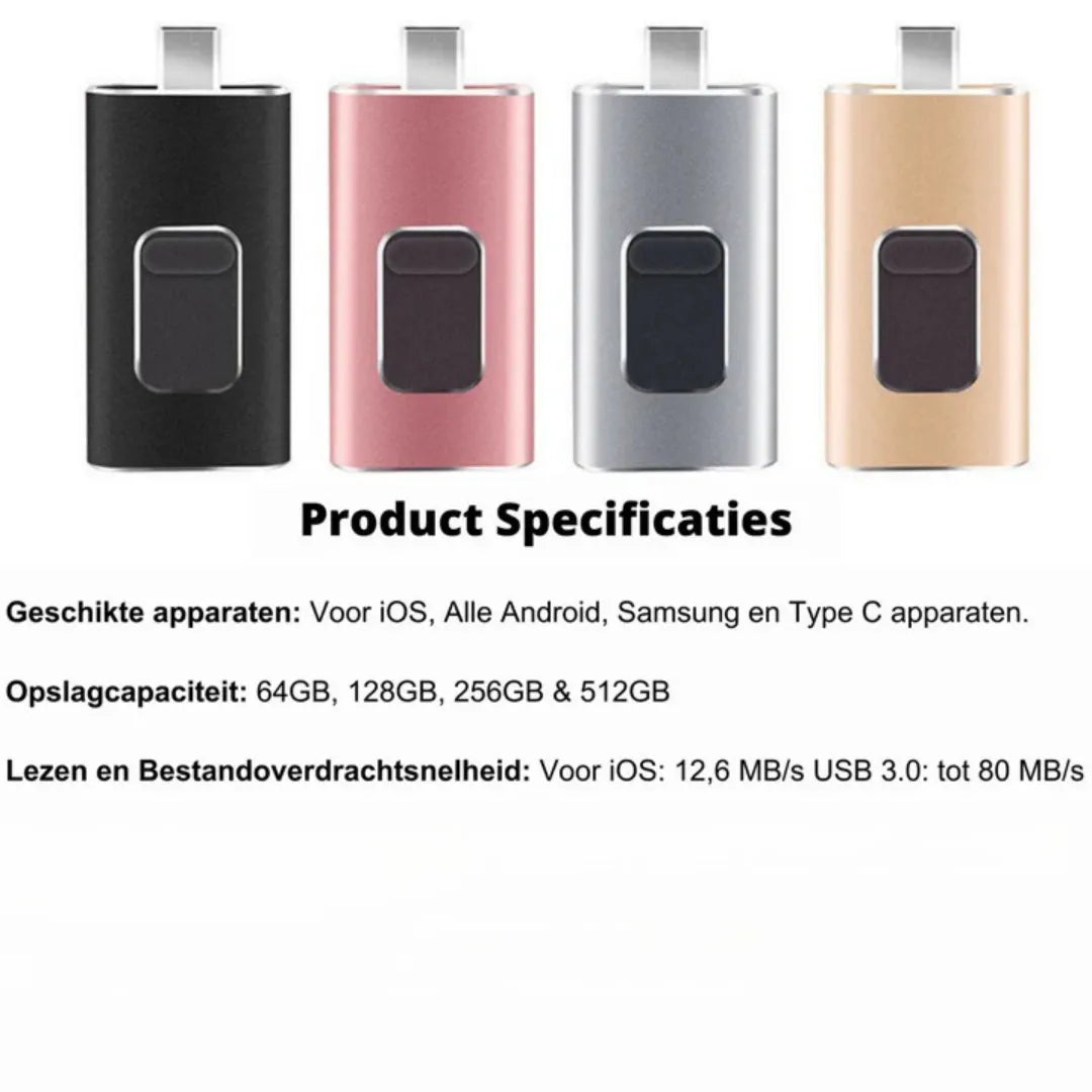 USB-minne med fyra kontakter för Type-C, mikro-USB, iOS och USB