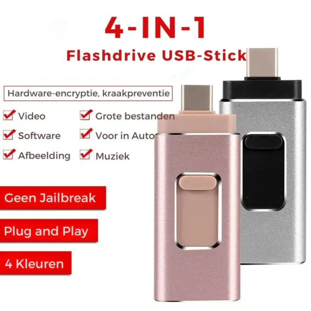 USB-minne med fyra kontakter för Type-C, mikro-USB, iOS och USB